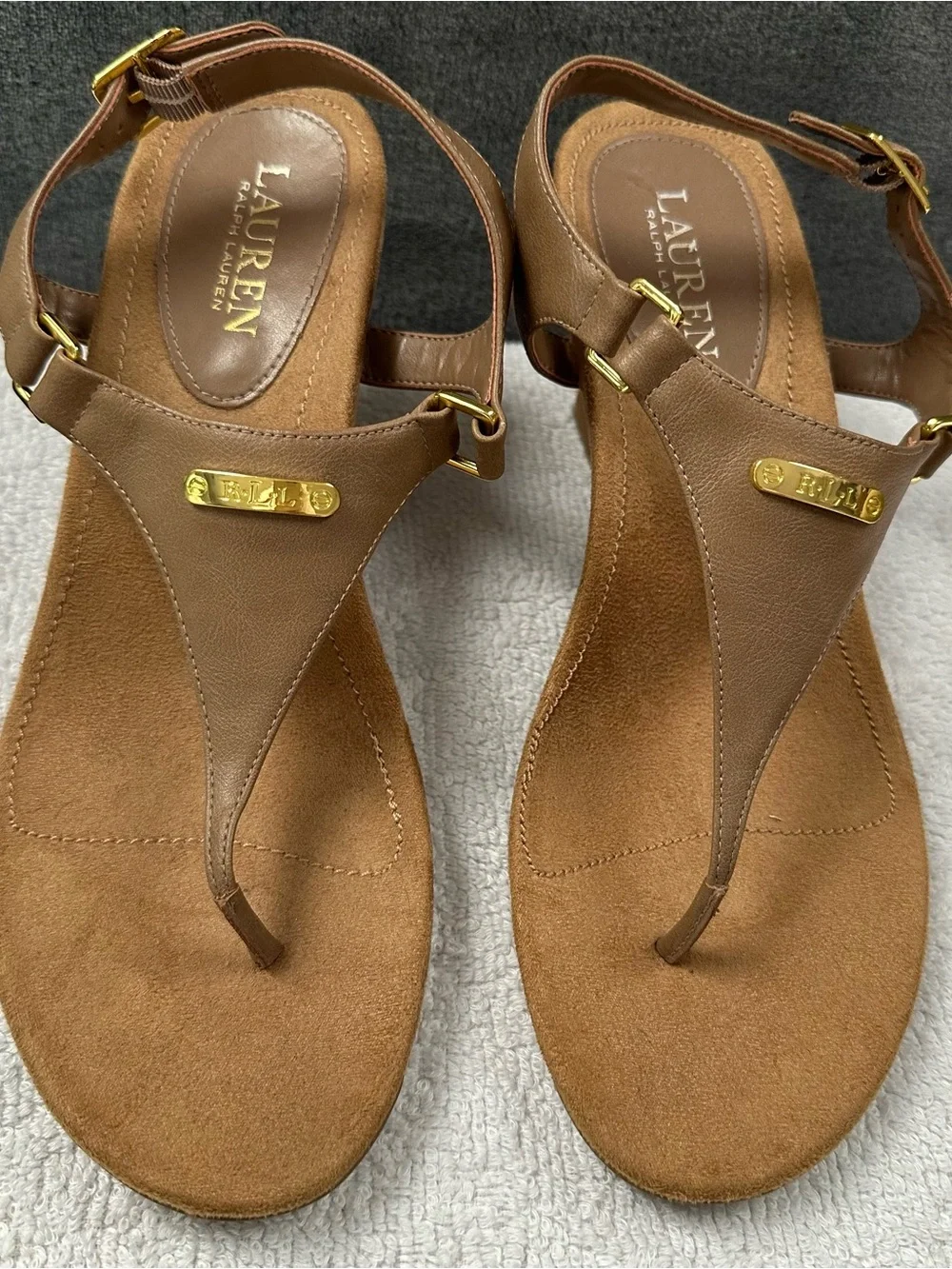 Lauren Ralph Lauren Brown T-Strap Sandals with Gold Accents
